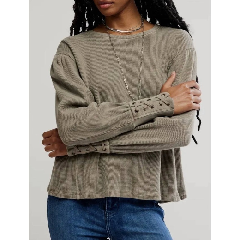 We The Free People Lapis Cuff Long Sleeve Waffle Thermal Top Olive Boho Size